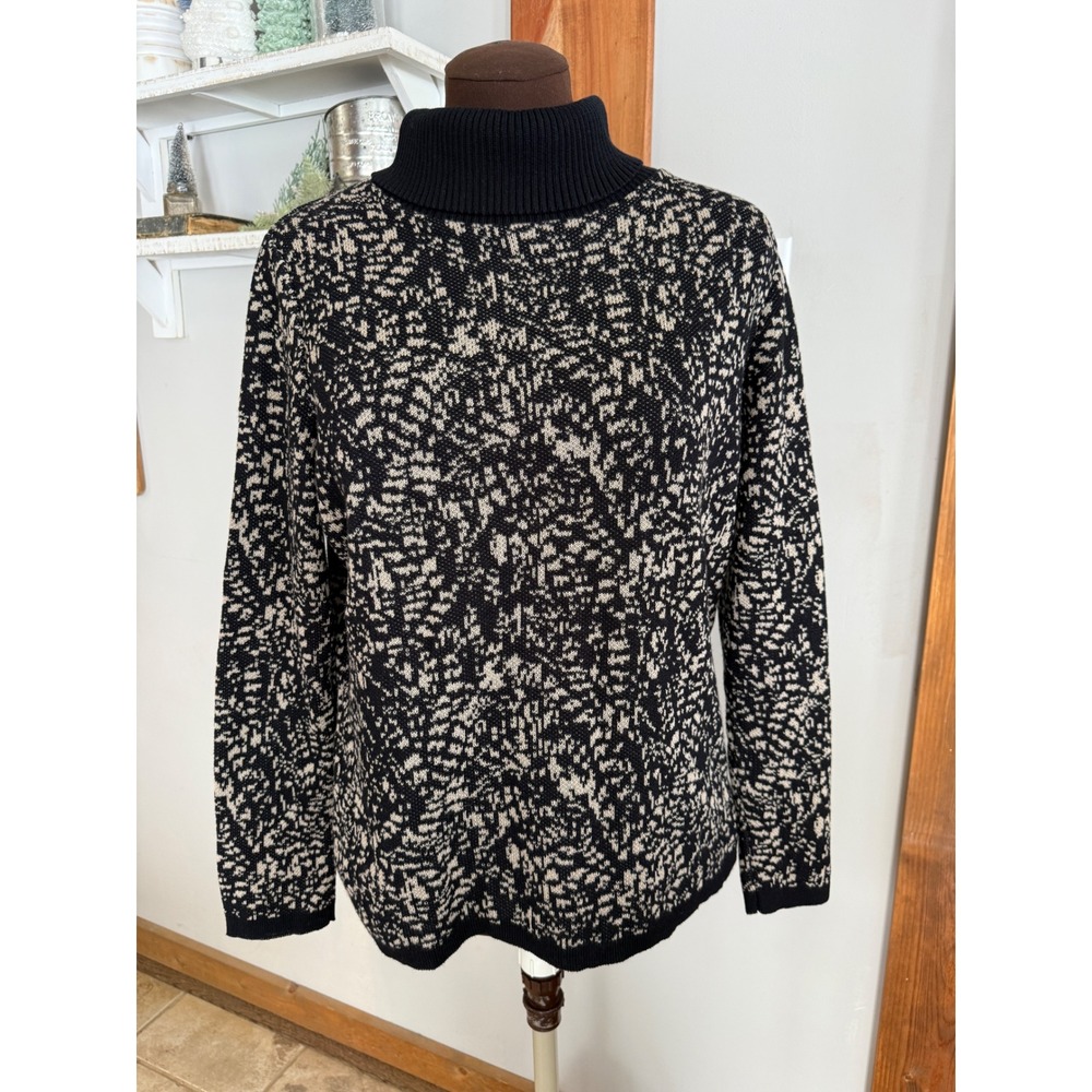 Skovhuus Womens Black Beige Abstract‎ Knit Ribbed Turtleneck Sweater Medium